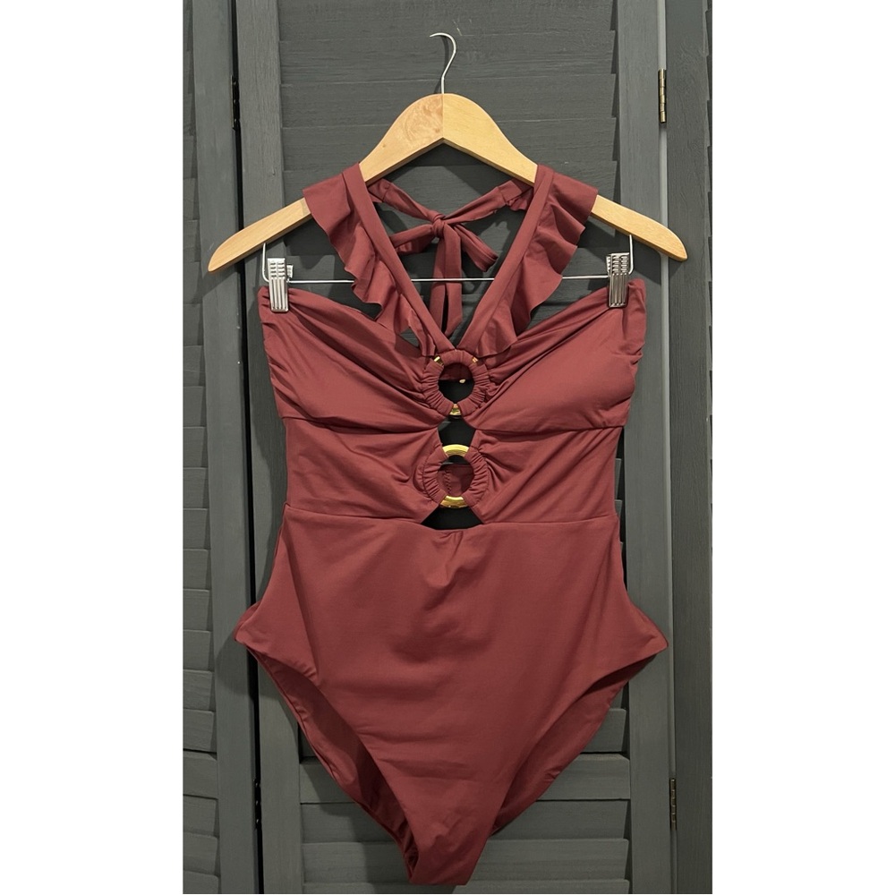 Soluna Swim Brown Buckle Up One Piece Bandeau Swimsuit Cut Out Neckline Size XL - Picture 3 of 10